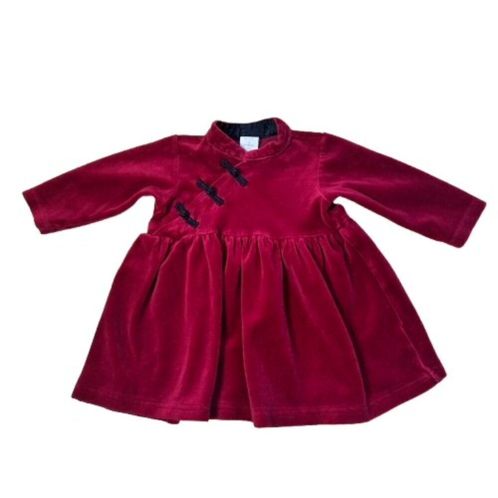 Vintage BABY GAP Red Velour Dress Size Large 12-18 Months w/ Frog Button Details